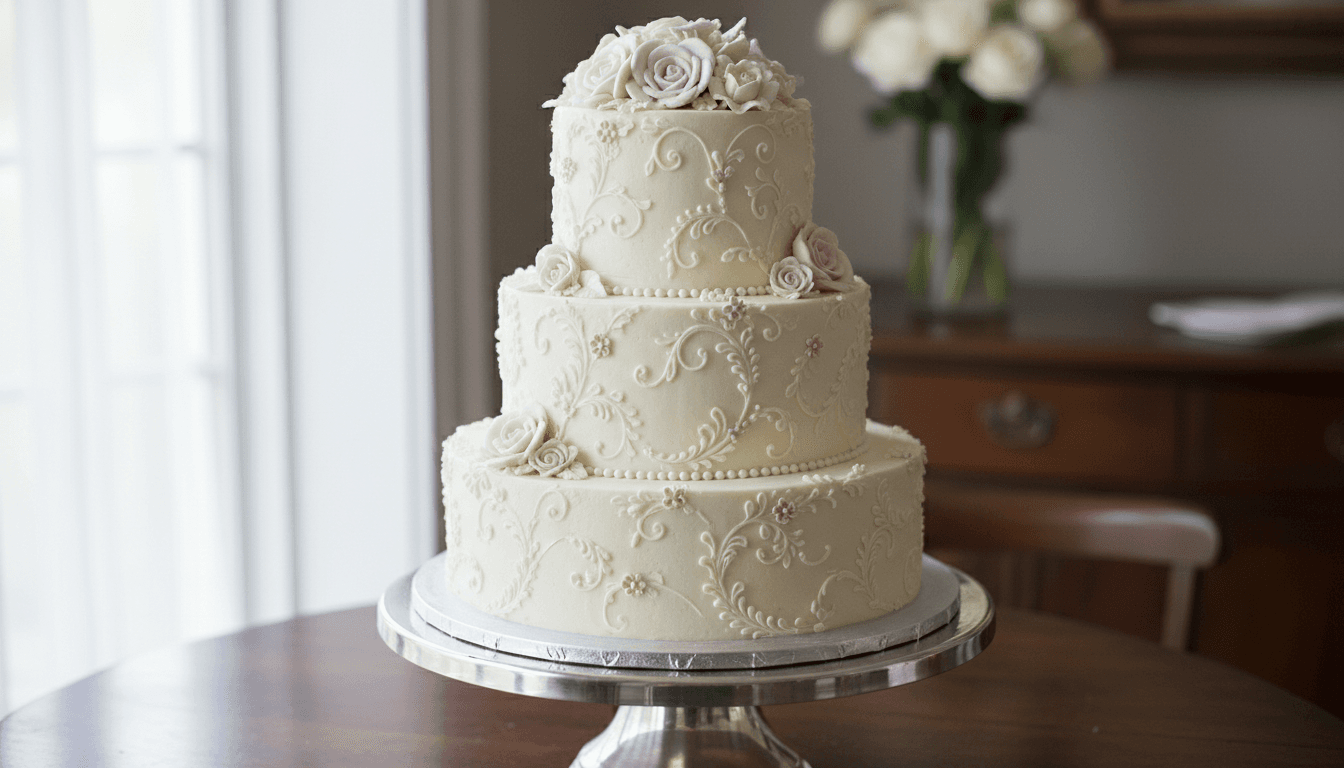 Close-up of a handcrafted white buttercream cake with delicate floral piping on a pedestal stand in soft natural light