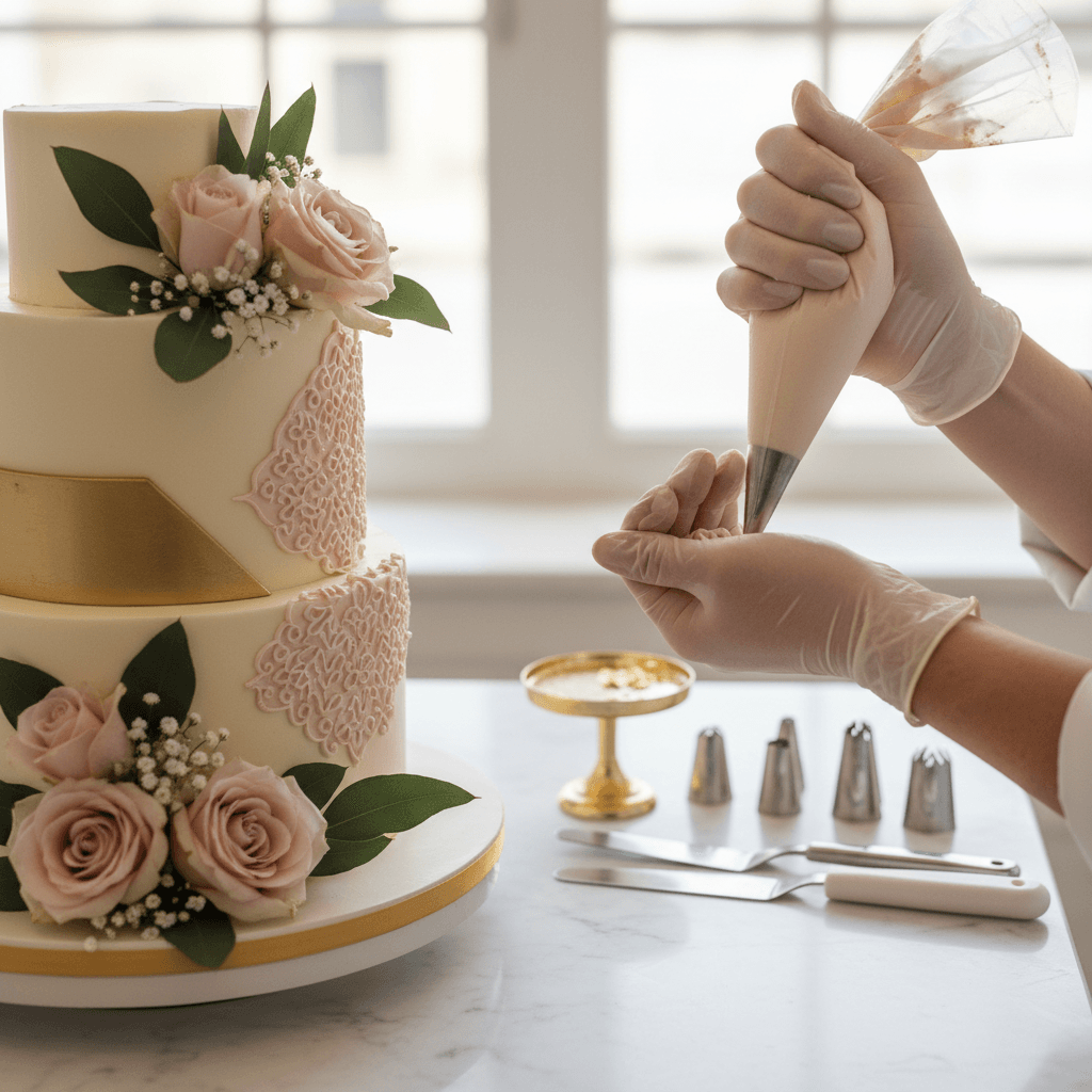 Three-tier wedding cake with sugar flowers on marble stand