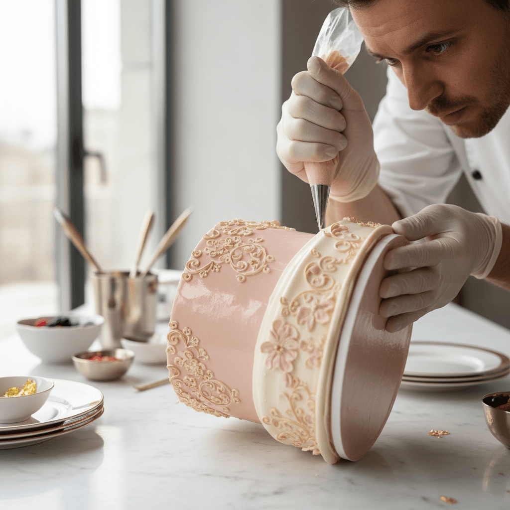 Close-up of Samuel Hansen, cake designer at Velvet Crumb Cakes, working with a piping bag in the Toronto atelier